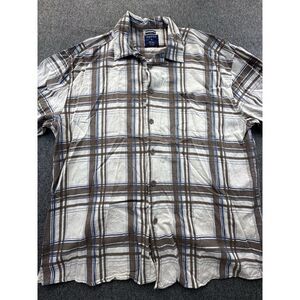 Trust Shirt Men's 3X Brown Ivory‎ Blue Plaid Button Down Short Sleeve Linen